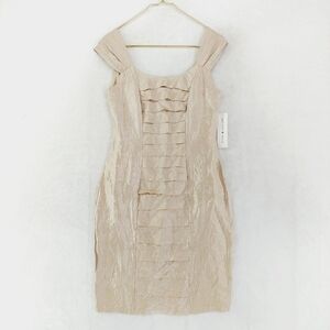 NEW London Style Champagne Cream Pleated Bodycon Midi Dress P3231